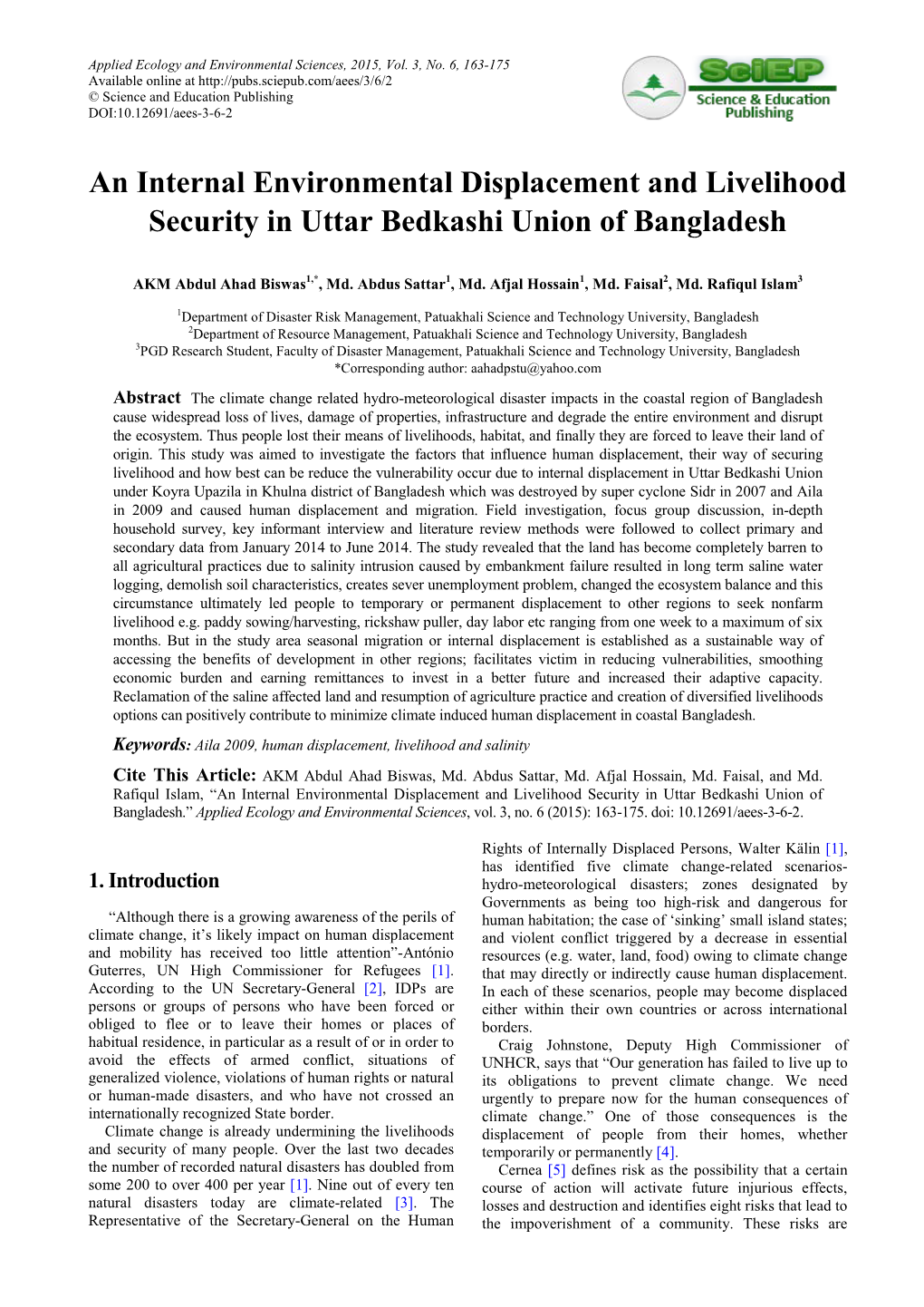 An Internal Environmental Displacement and Livelihood Security in Uttar Bedkashi Union of Bangladesh