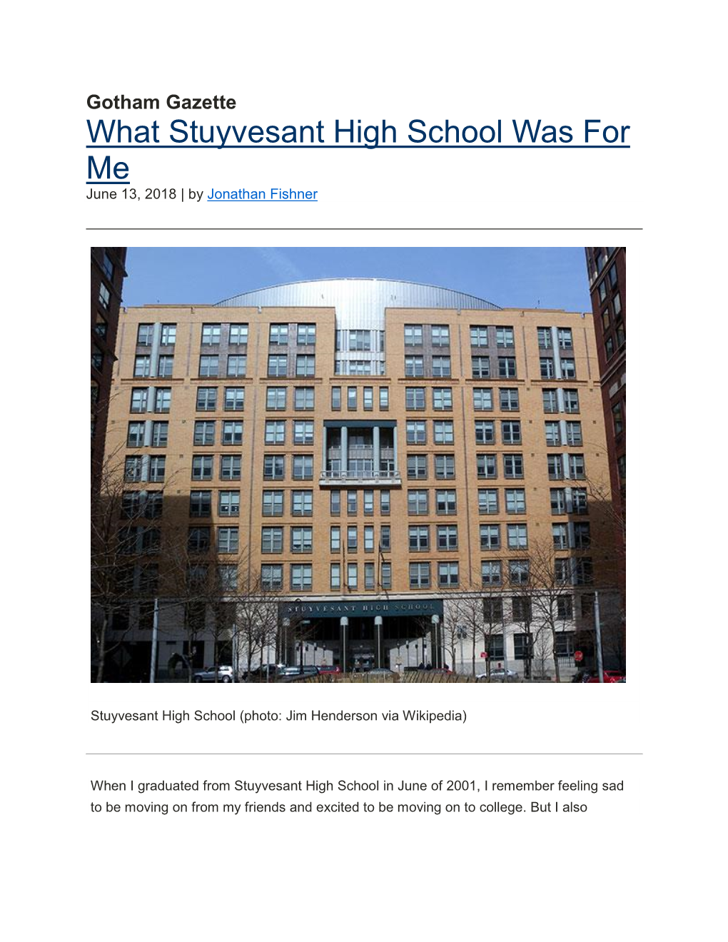 What Stuyvesant High School Was for Me June 13, 2018 | by Jonathan Fishner