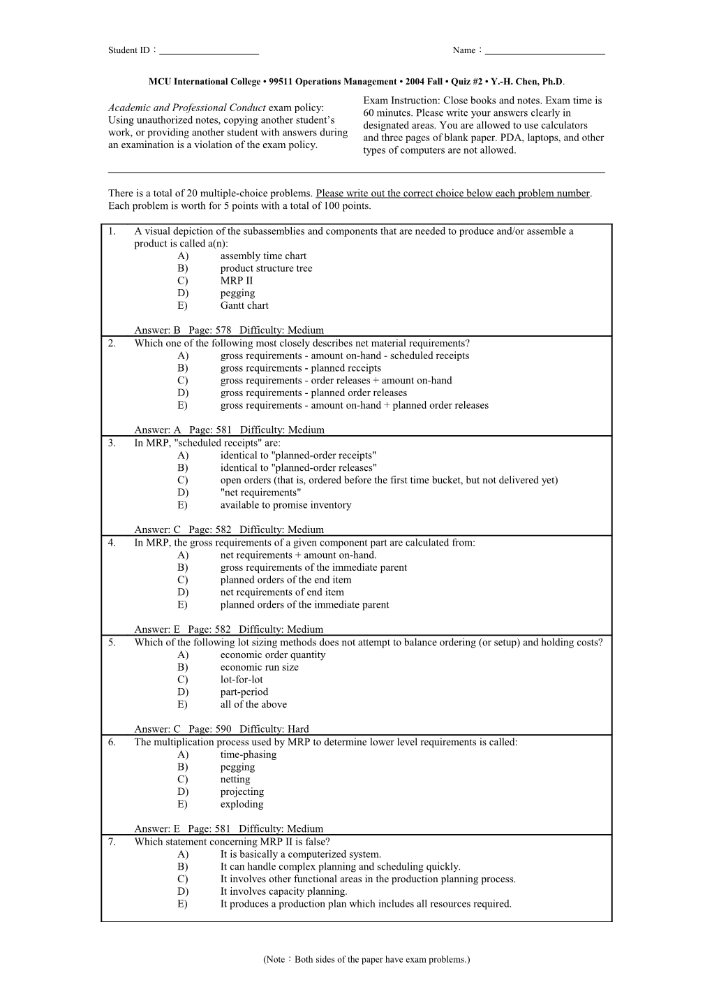 UTD BA3352 Mid-Term Exam, Fall 2002