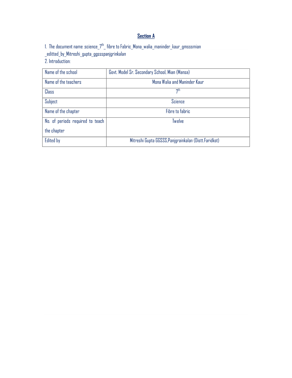 Section a 1. the Document Name :Science 7Th Fibre To