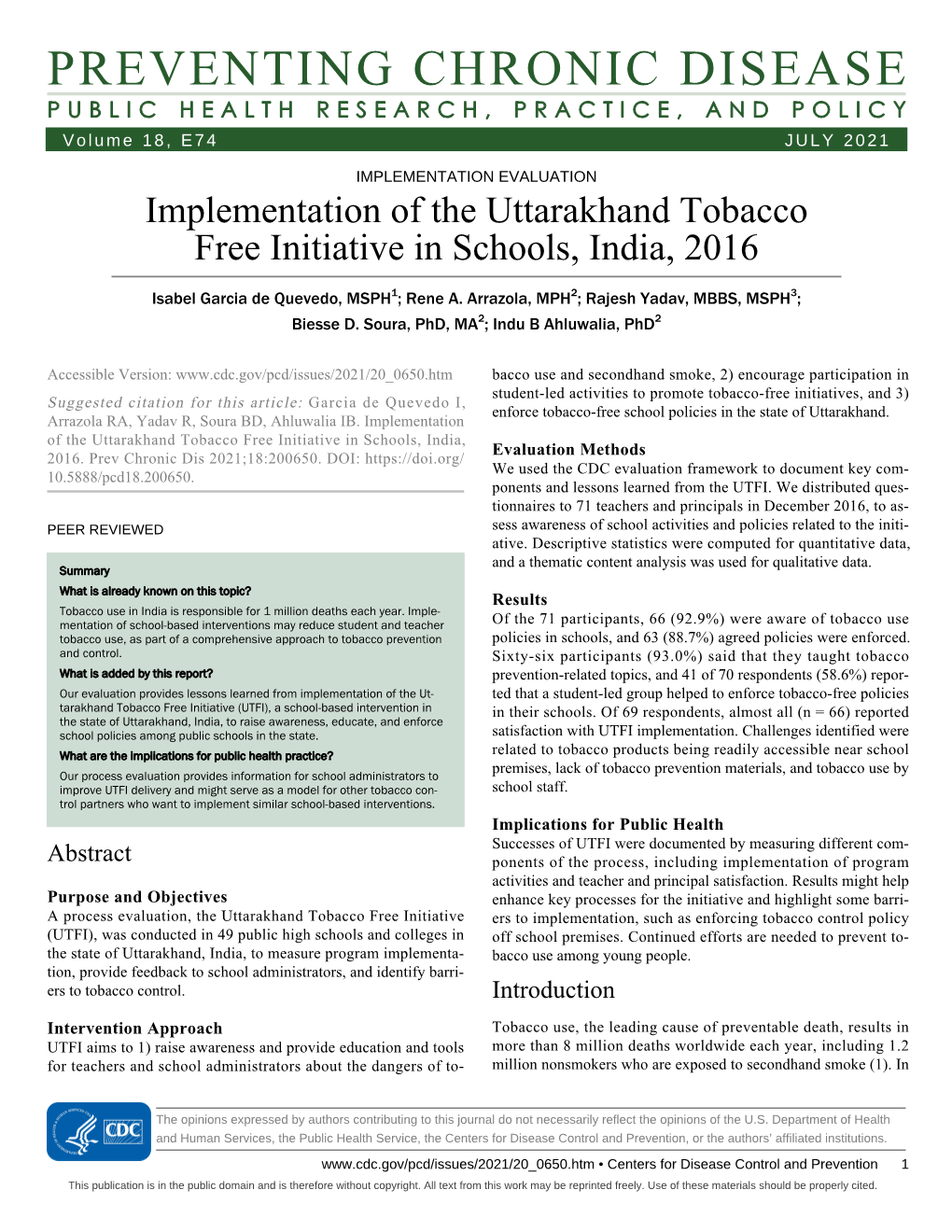 Implementation of the Uttarakhand Tobacco Free Initiative in Schools, India, 2016