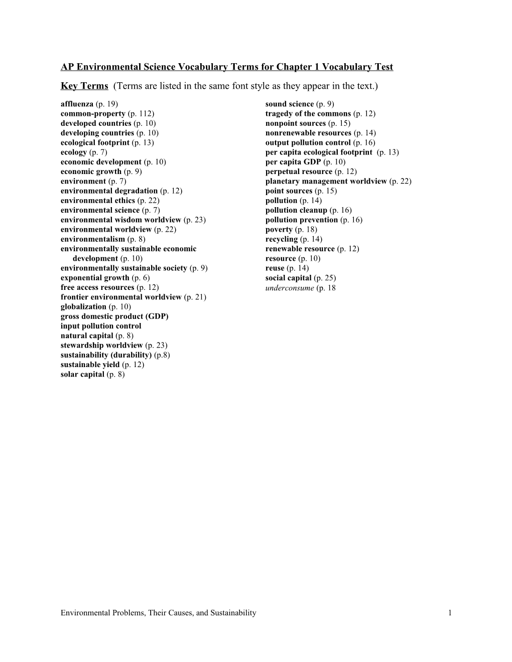 AP Environmental Science Vocabulary Terms for Chapter 1 Vocabulary Test