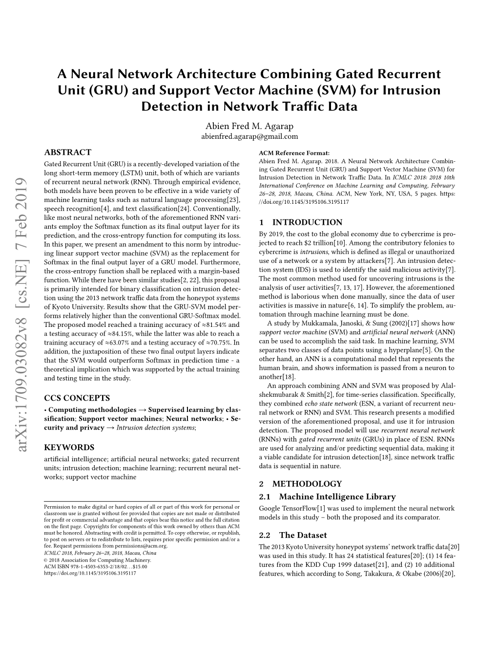 (GRU) and Support Vector Machine (SVM) for Intrusion Detection in Network Traffic Data Abien Fred M