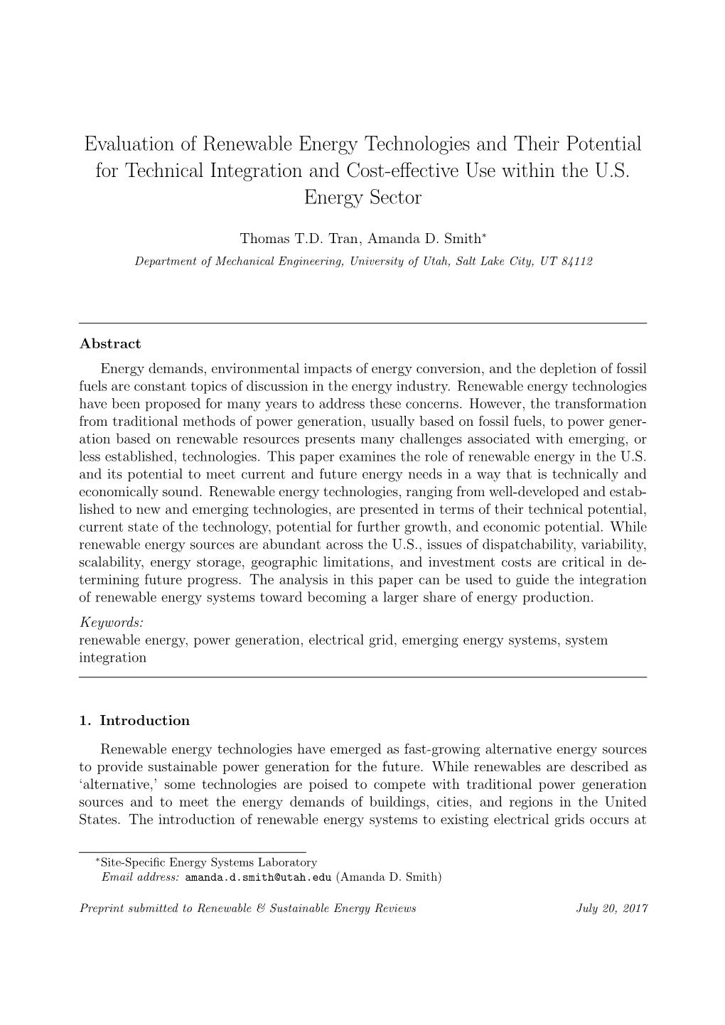 Evaluation of Renewable Energy Technologies and Their Potential for Technical Integration and Cost-Eﬀective Use Within the U.S