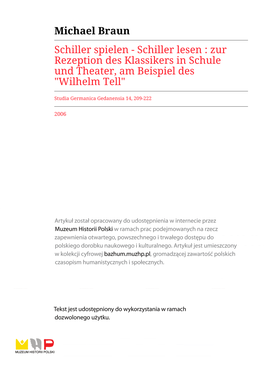 Schiller Lesen : Zur Rezeption Des Klassikers in Schule Und Theater, Am Beispiel Des "Wilhelm Tell"
