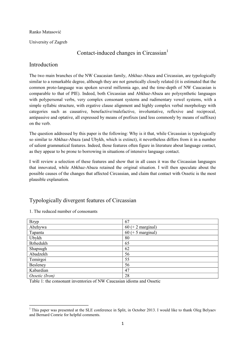 Contact-Induced Changes in Circassian Introduction