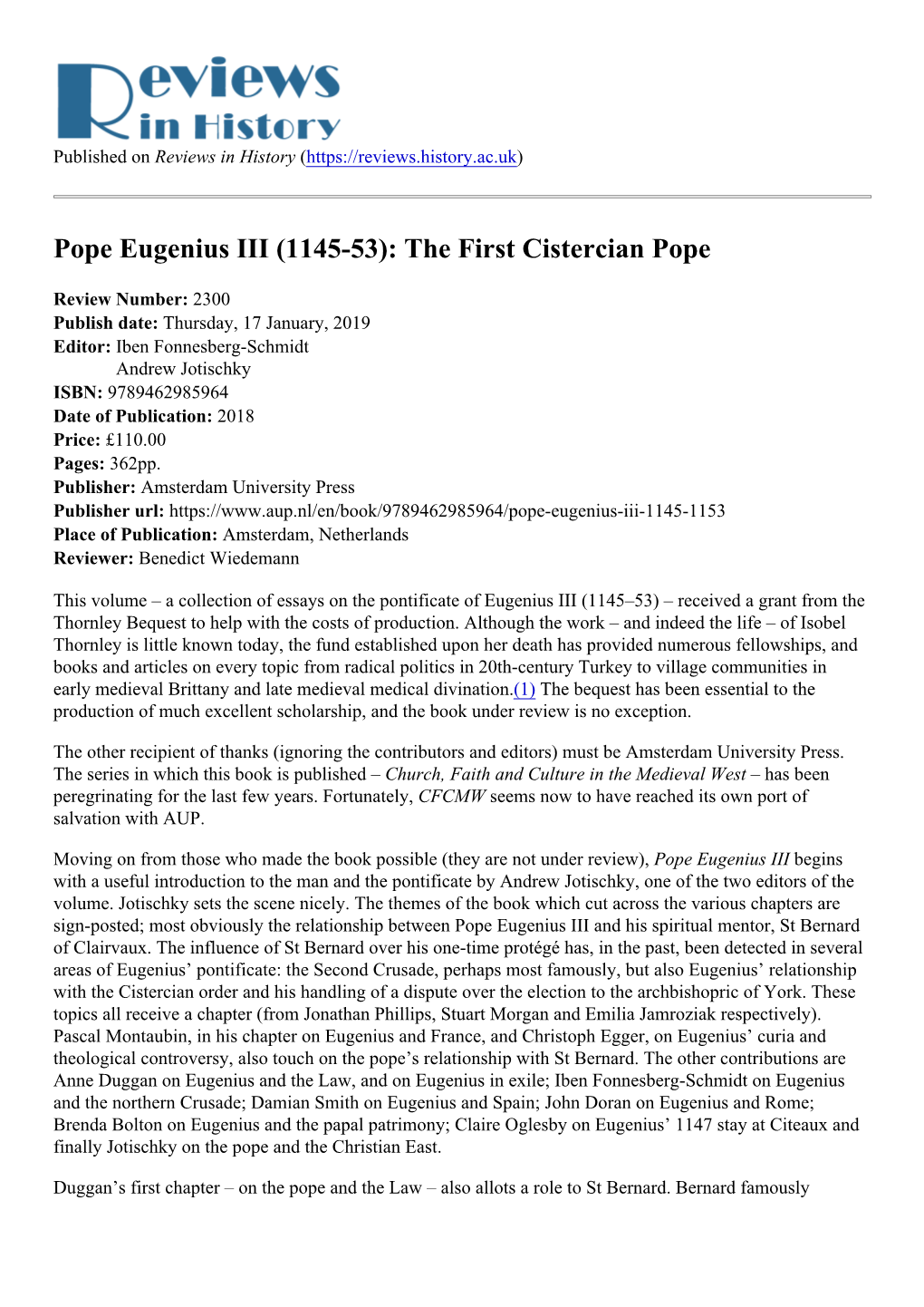 Pope Eugenius III (1145-53): the First Cistercian Pope