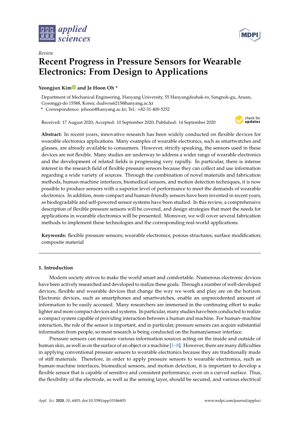 Recent Progress in Pressure Sensors for Wearable Electronics: from Design to Applications