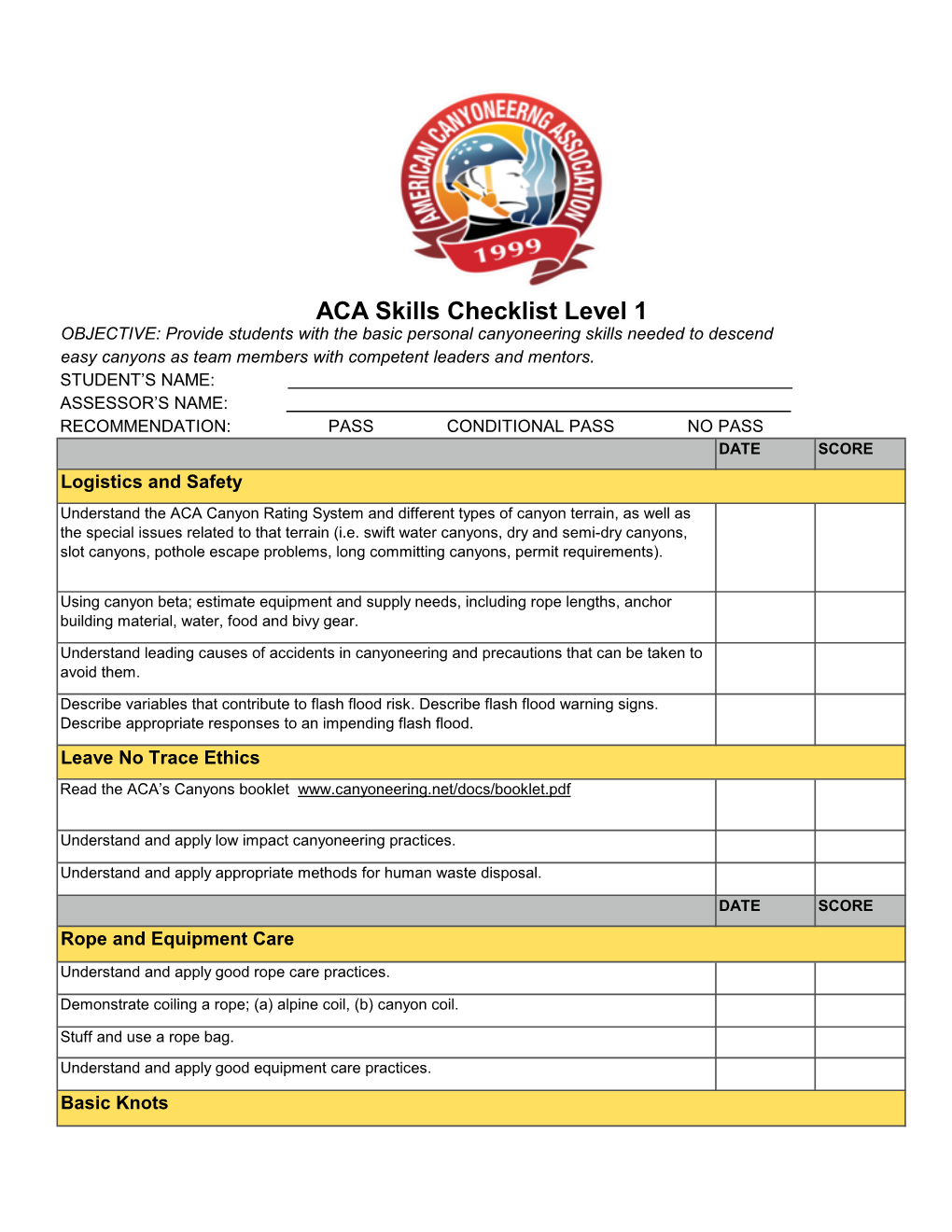 ACA Skills Checklist Level 1