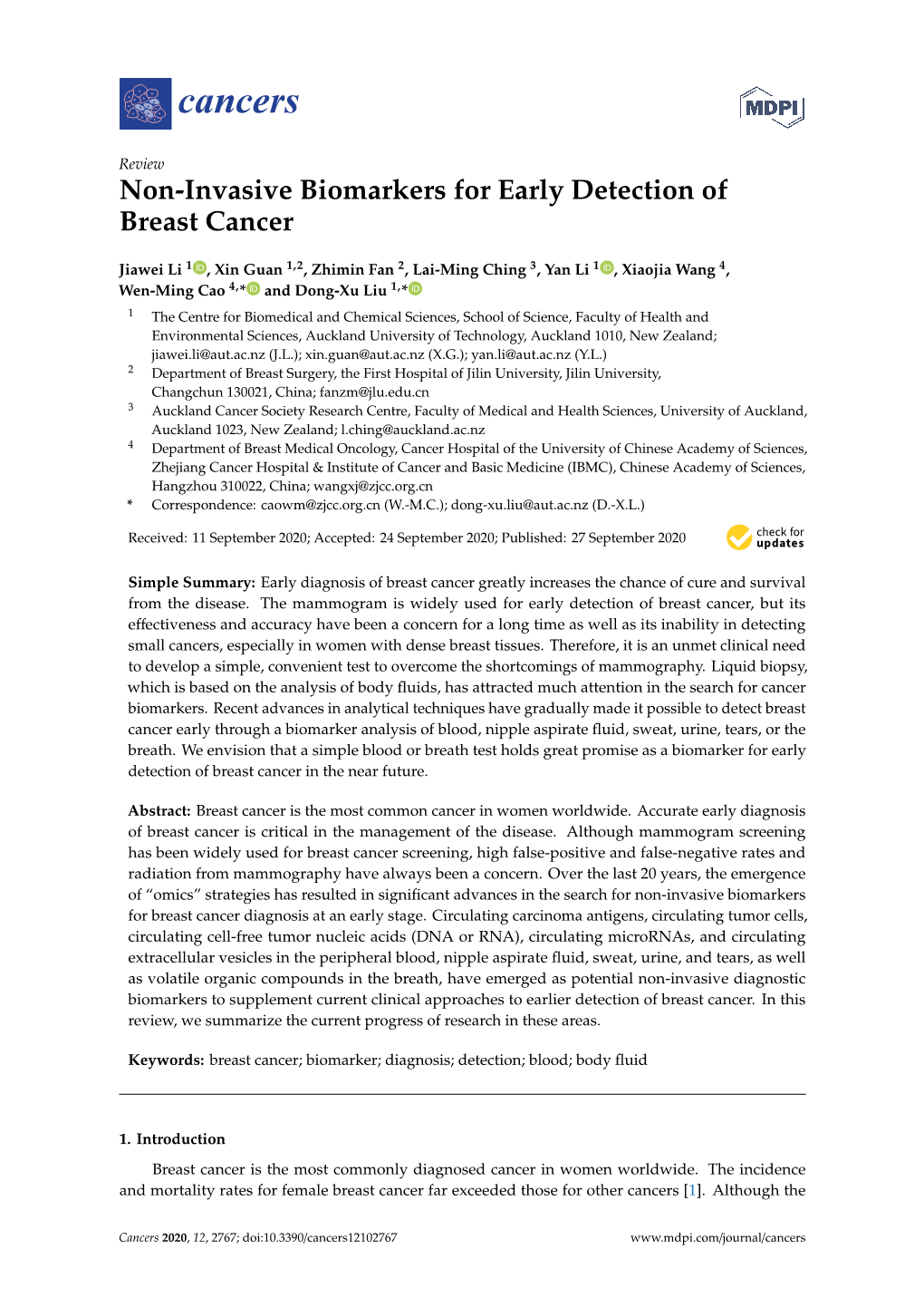 Non-Invasive Biomarkers for Early Detection of Breast Cancer