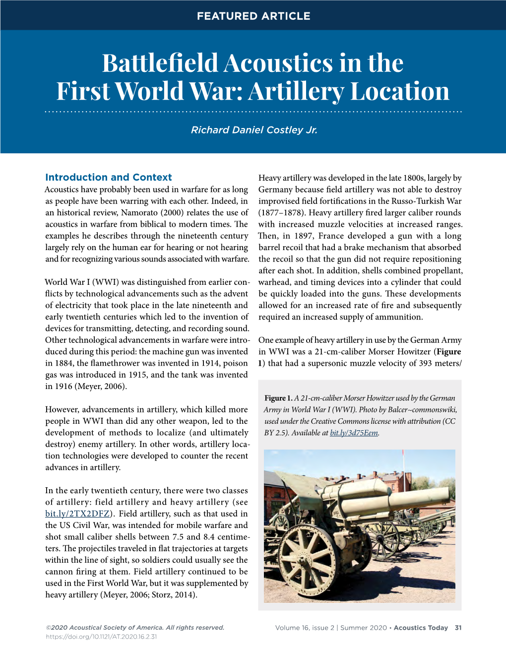 Battlefield Acoustics in the First World War: Artillery Location