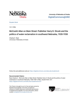 Publisher Harry D. Strunk and the Politics of Water Reclamation in Southwest Nebraska, 1928-1938
