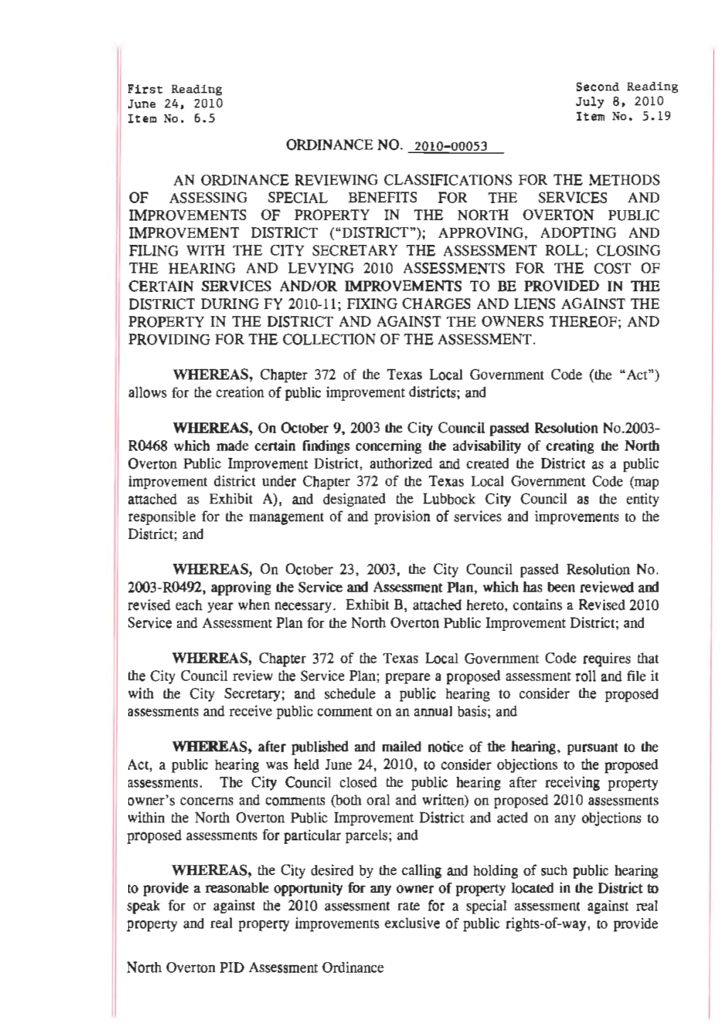 First Reading ORDINANCE NO. 2010-00053 Second Reading an ORDINANCE REVIEWING CLASSIFICATIONS for the METHODS of ASSESSING SPECIA