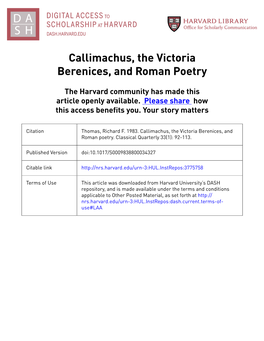 Callimachus, the Victoria Berenices, and Roman Poetry