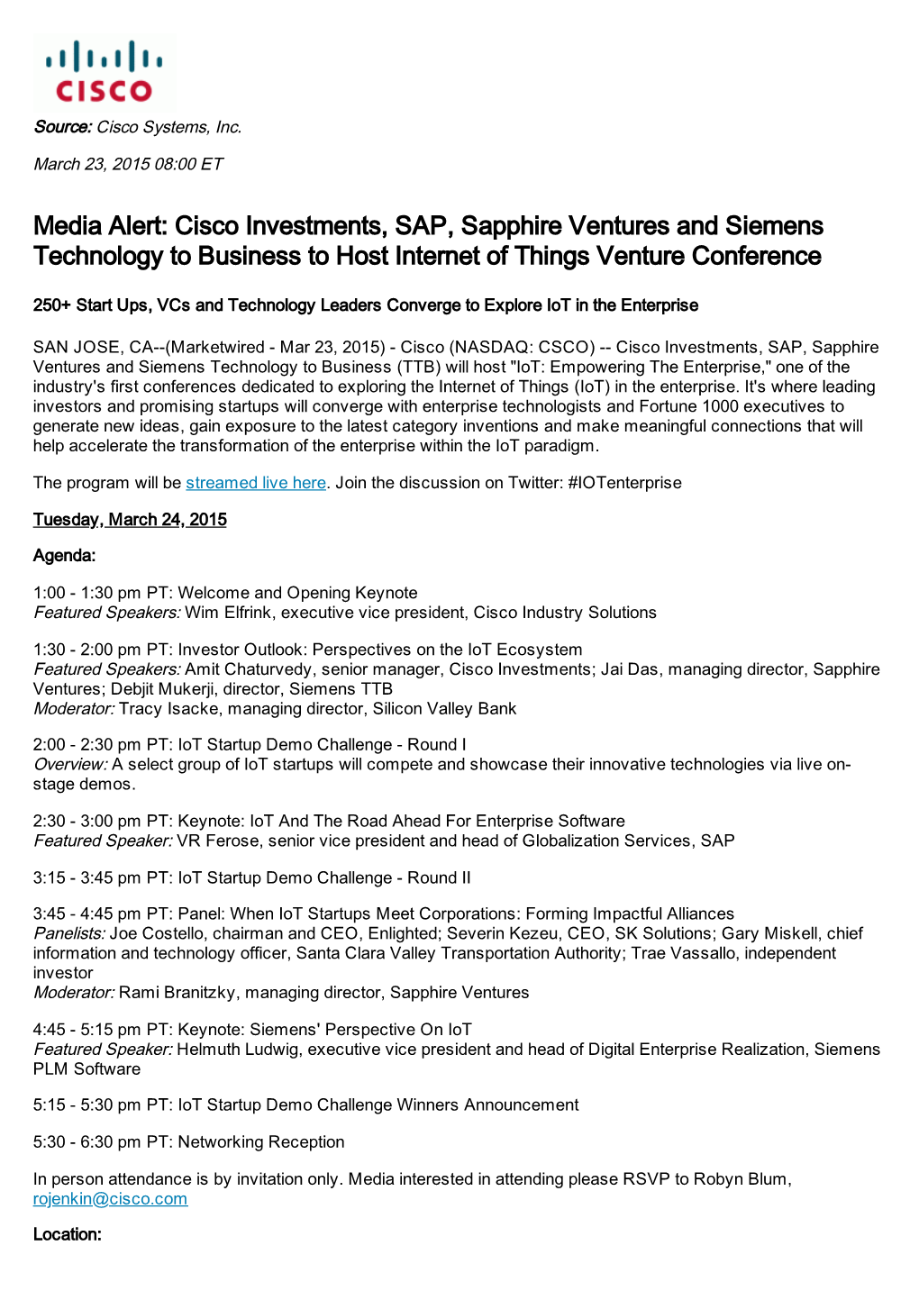 Media Alert: Cisco Investments, SAP, Sapphire Ventures and Siemens Technology to Business to Host Internet of Things Venture Conference