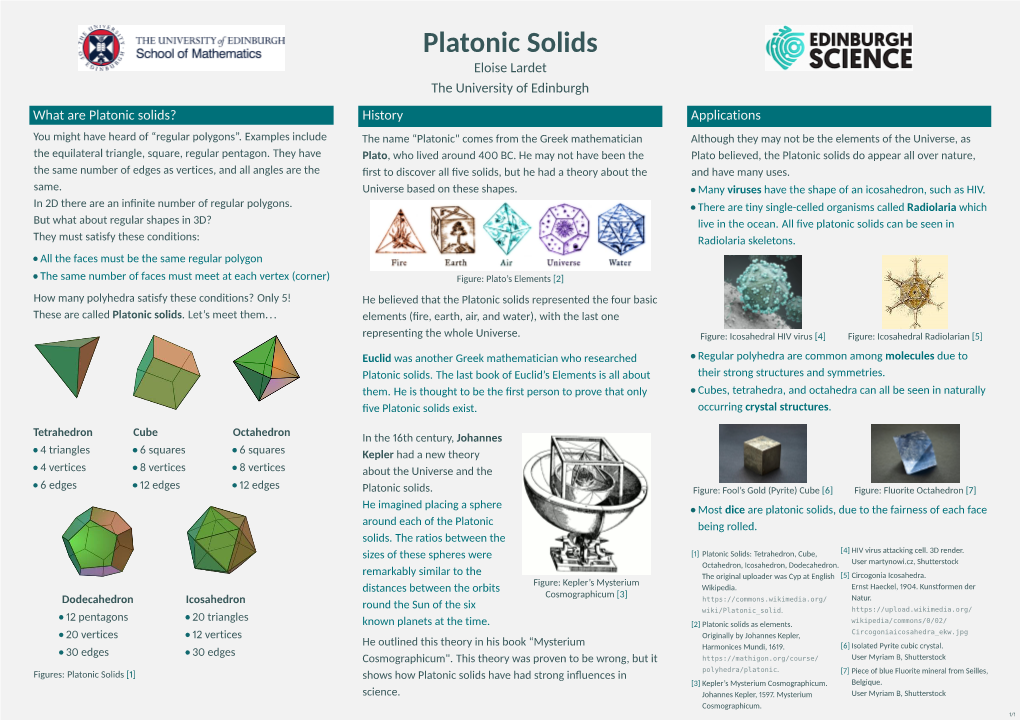 Eloise Lardet the University of Edinburgh What Are Platonic Solids? History Applications You Might Have Heard of “Regular Polygons”