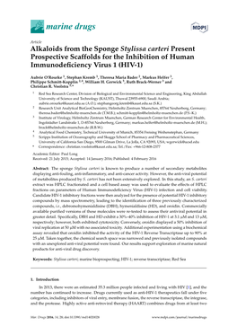 Alkaloids from the Sponge Stylissa Carteri Present Prospective Scaffolds for the Inhibition of Human Immunodeﬁciency Virus 1 (HIV-1)