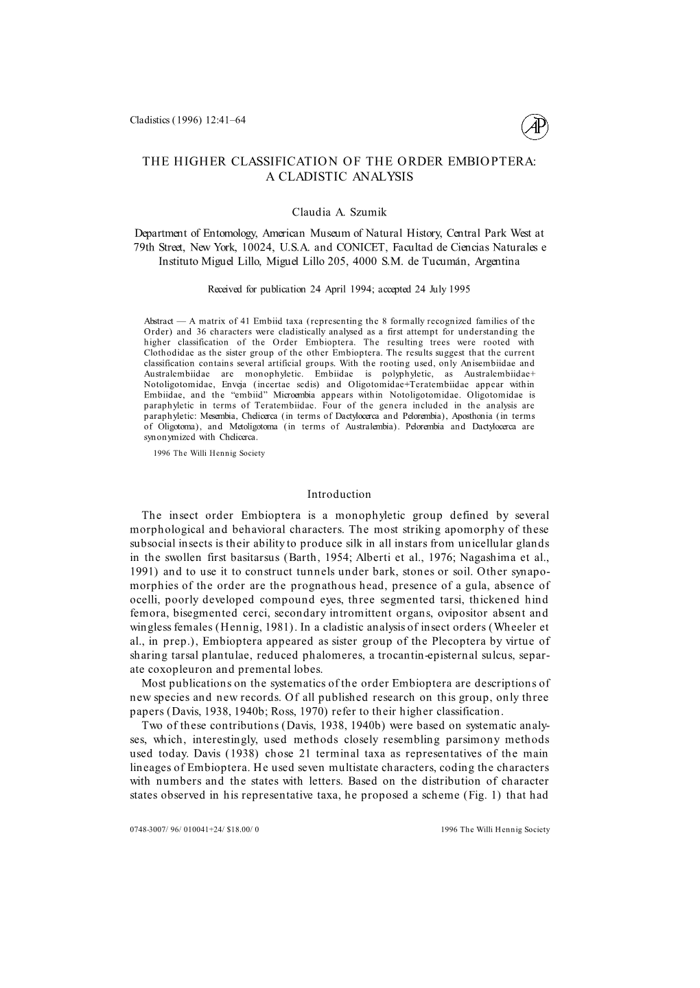 The Higher Classification of the Order Embioptera: a Cladistic Analysis