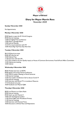 Diary for Mayor Marvin Rees November 2020