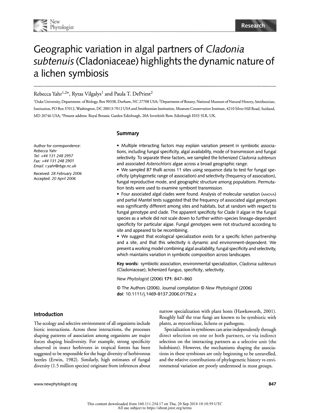 Geographic Variation in Algal Partners of Cladonia Subtenuis (Cladoniaceae) Highlights the Dynamic Nature of a Lichen Symbiosis