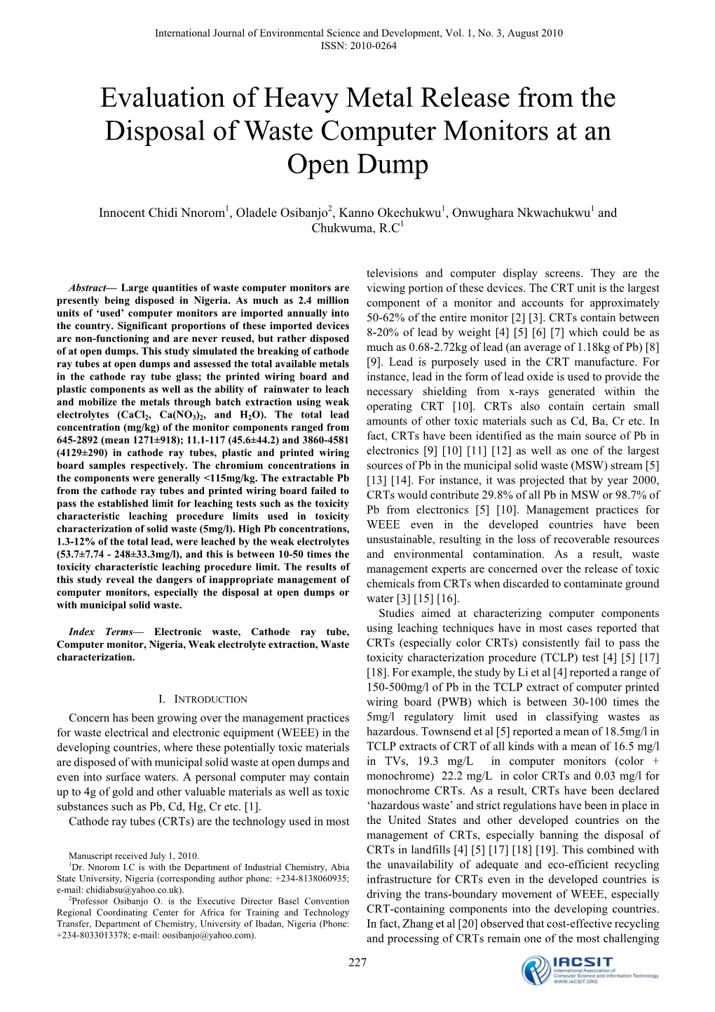 Evaluation of Heavy Metal Release from the Disposal of Waste Computer Monitors at an Open Dump
