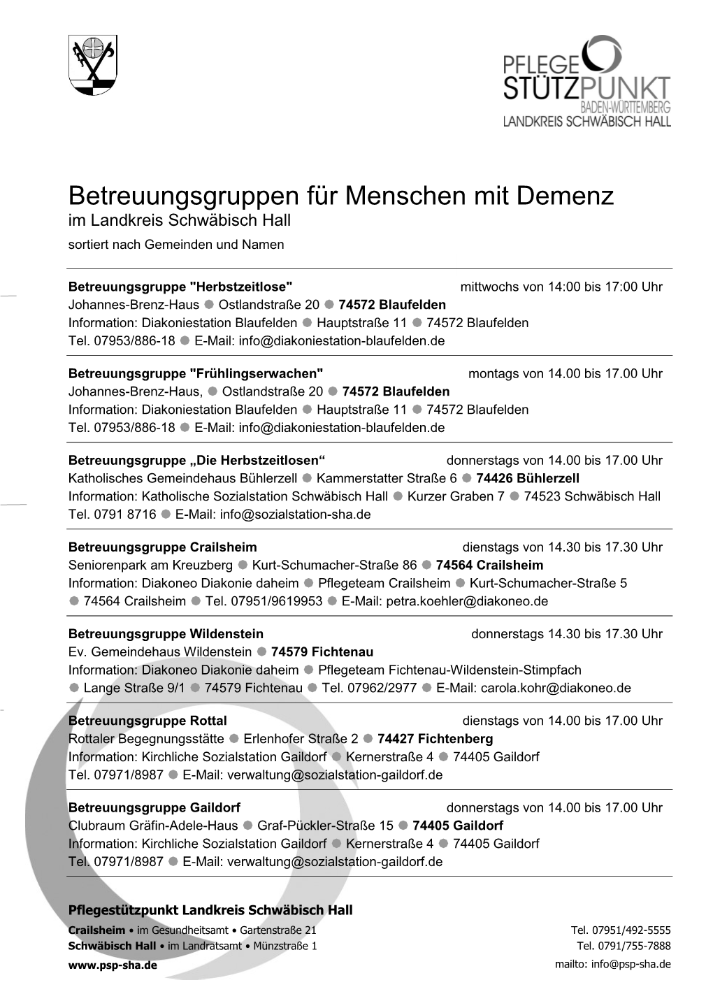 Betreuungsgruppen Für Menschen Mit Demenz Im Landkreis Schwäbisch Hall Sortiert Nach Gemeinden Und Namen