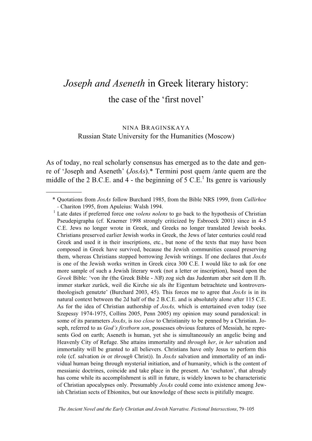 Joseph and Aseneth in Greek Literary History: the Case of the ‘First Novel’