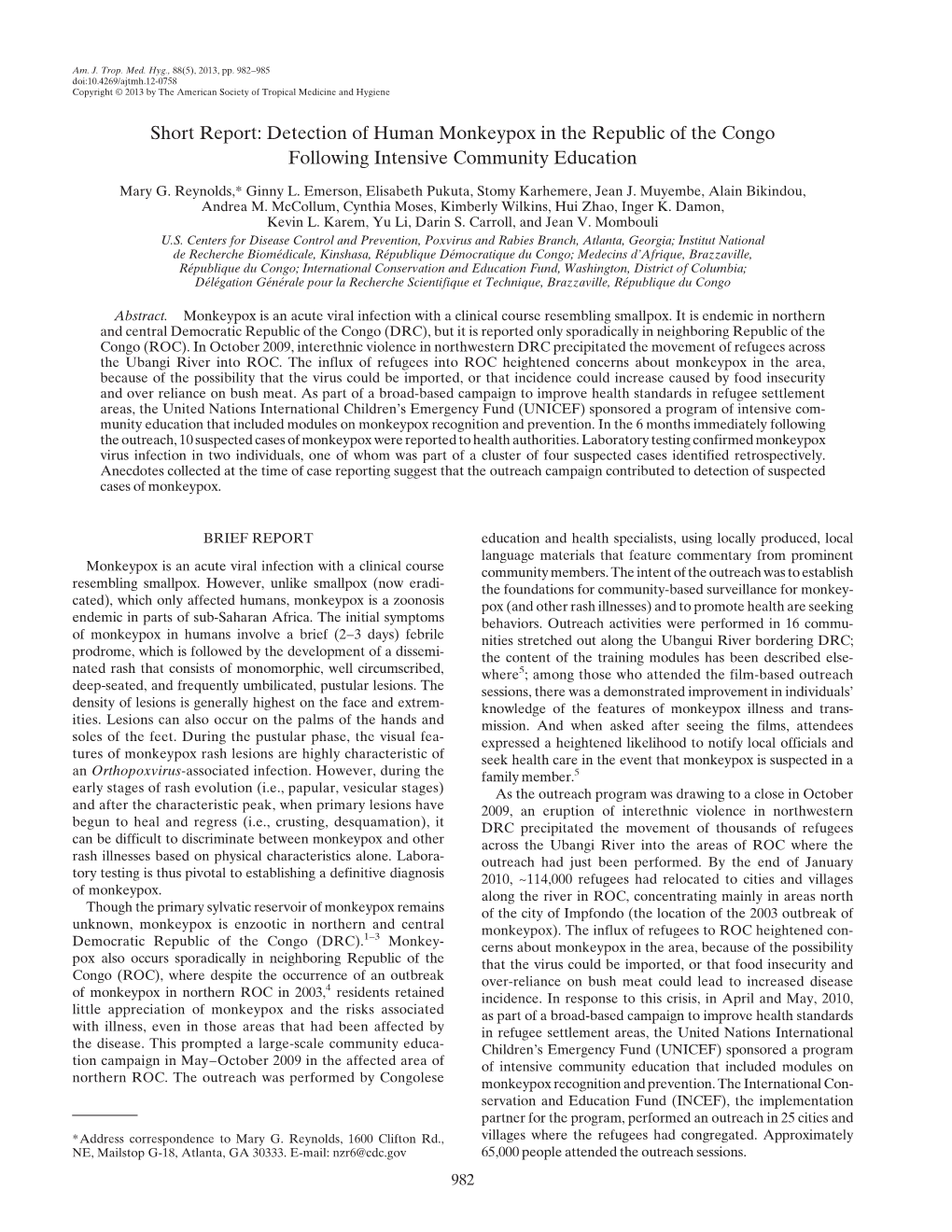 Detection of Human Monkeypox in the Republic of the Congo Following Intensive Community Education