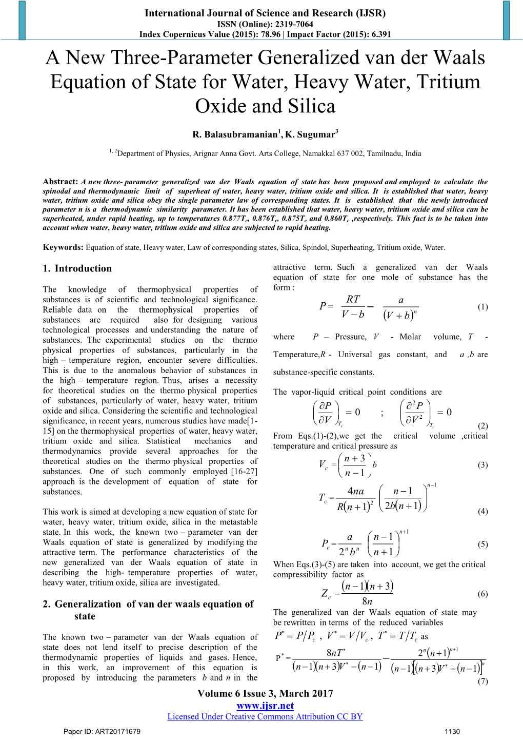 A New Three-Parameter Generalized Van Der Waals Equation of State for Water, Heavy Water, Tritium Oxide and Silica