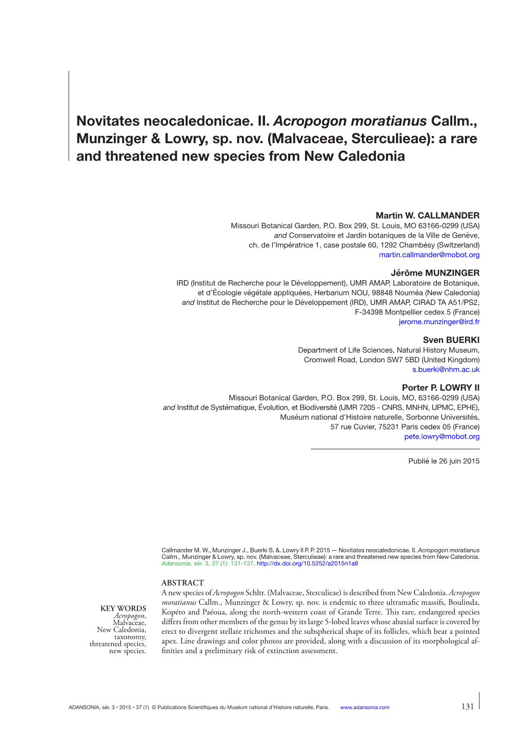 Novitates Neocaledonicae. II. Acropogon Moratianus Callm., Munzinger & Lowry, Sp