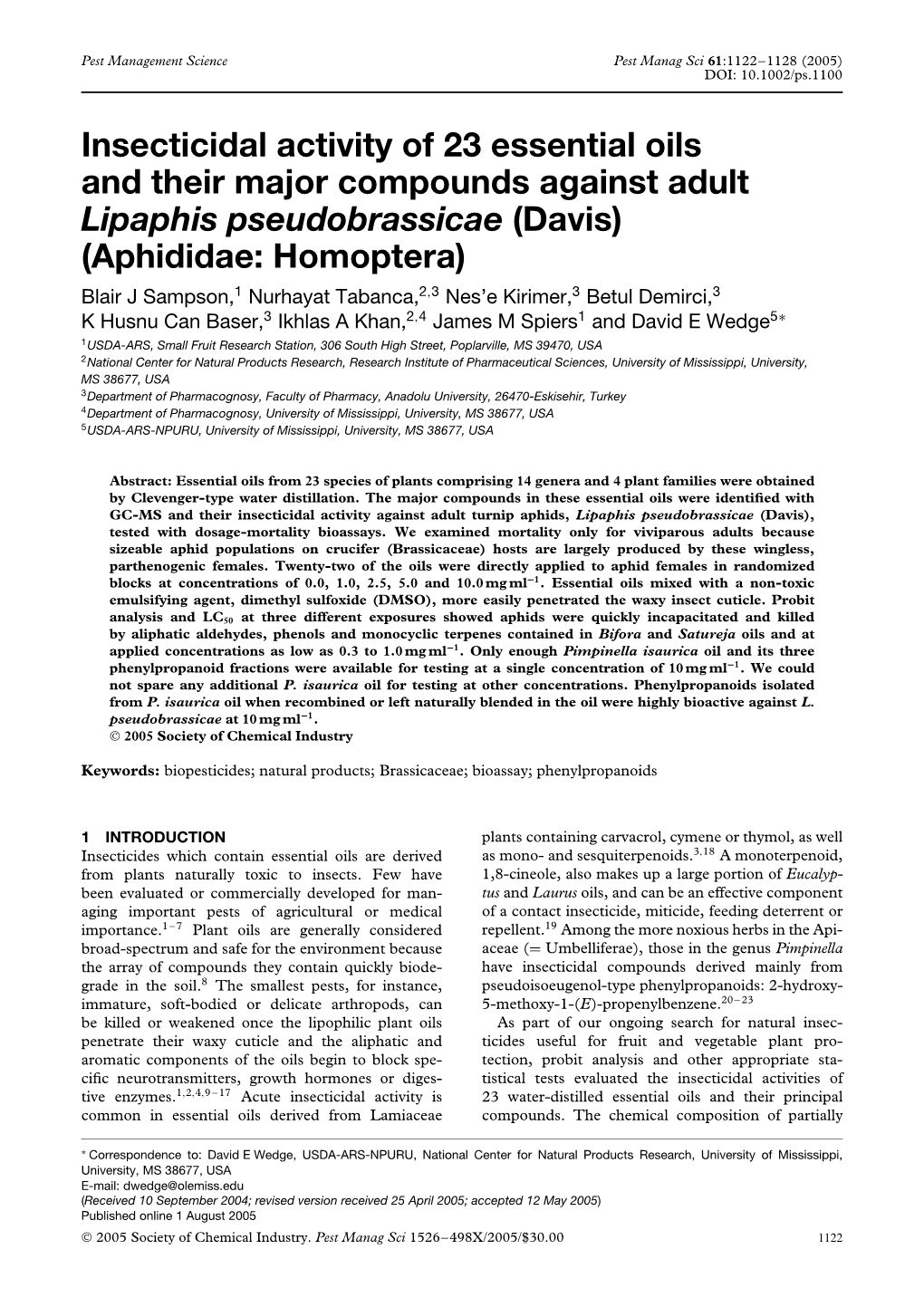 Insecticidal Activity of 23 Essential Oils and Their Major Compounds Against Adult Lipaphis Pseudobrassicae (Davis) (Aphididae