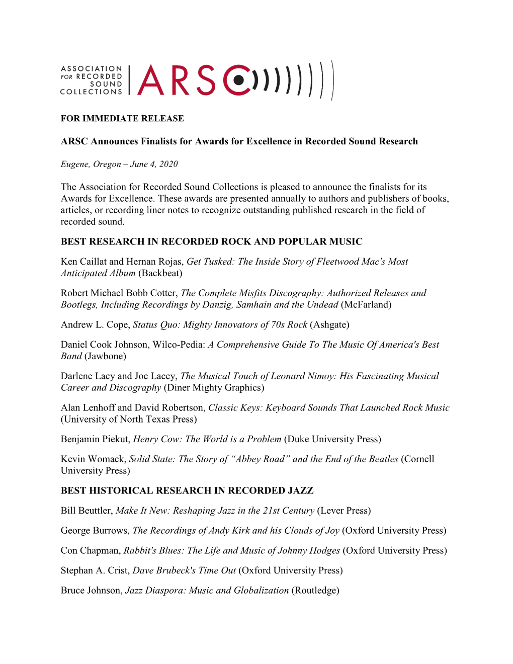 ARSC Announces Finalists for Awards for Excellence in Recorded Sound Research