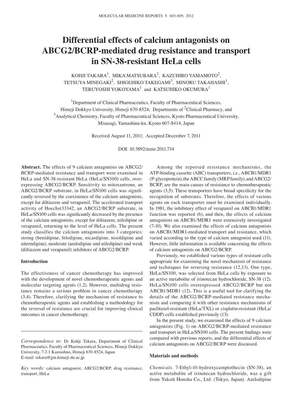 Differential Effects of Calcium Antagonists on ABCG2/BCRP-Mediated Drug Resistance and Transport in SN-38-Resistant Hela Cells