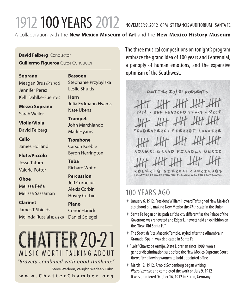 Program for Novmember 9, 2012 at Chatter 20-21 in Santa Fe, New Mexico