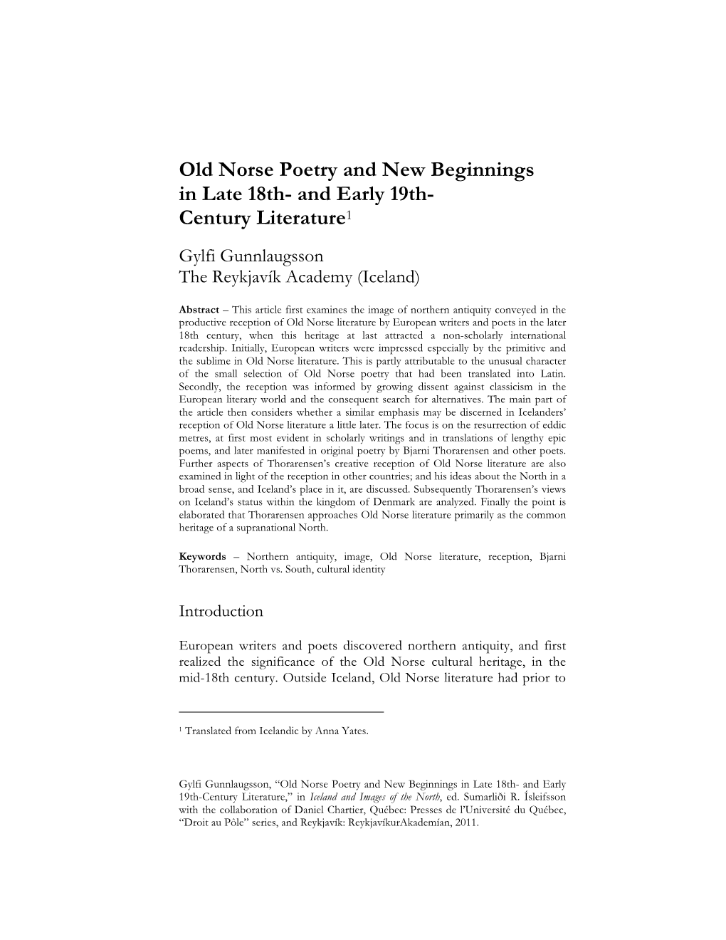 Old Norse Poetry and New Beginnings in Late 18Th- and Early 19Th- Century Literature1