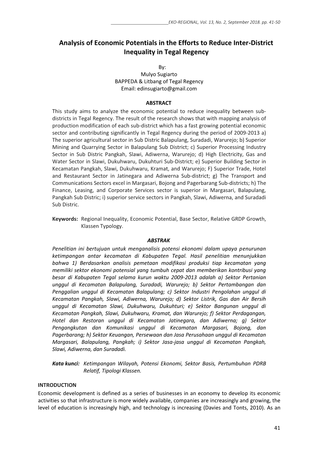 Analysis of Economic Potentials in the Efforts to Reduce Inter-District Inequality in Tegal Regency