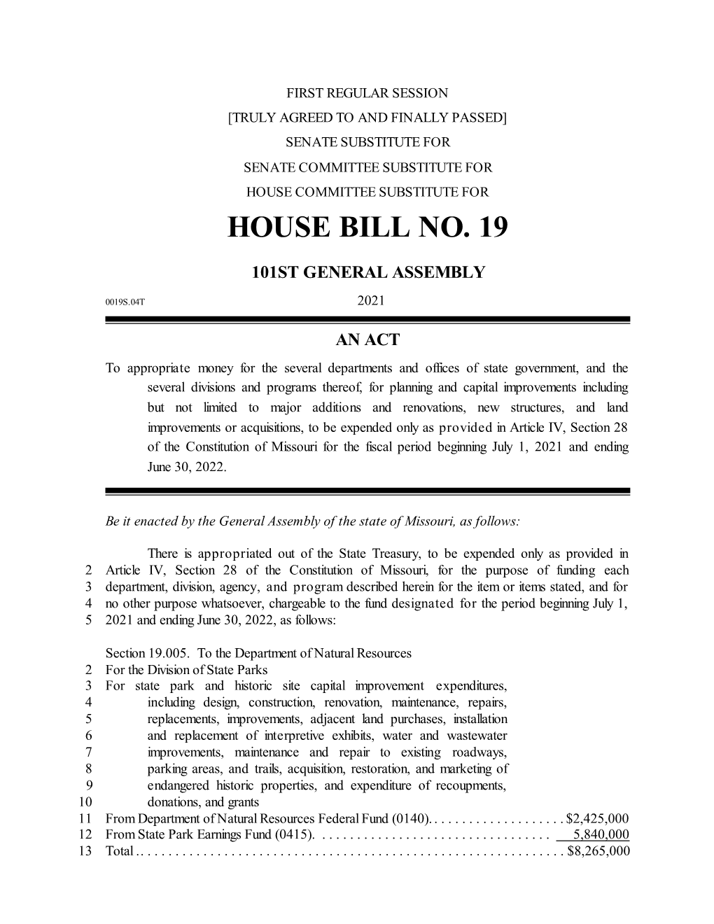 House Bill No. 19