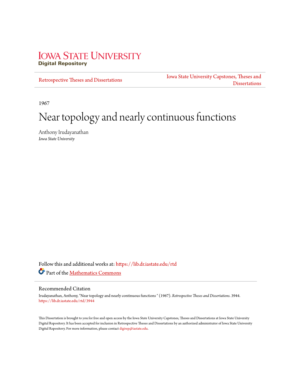 Near Topology and Nearly Continuous Functions Anthony Irudayanathan Iowa State University