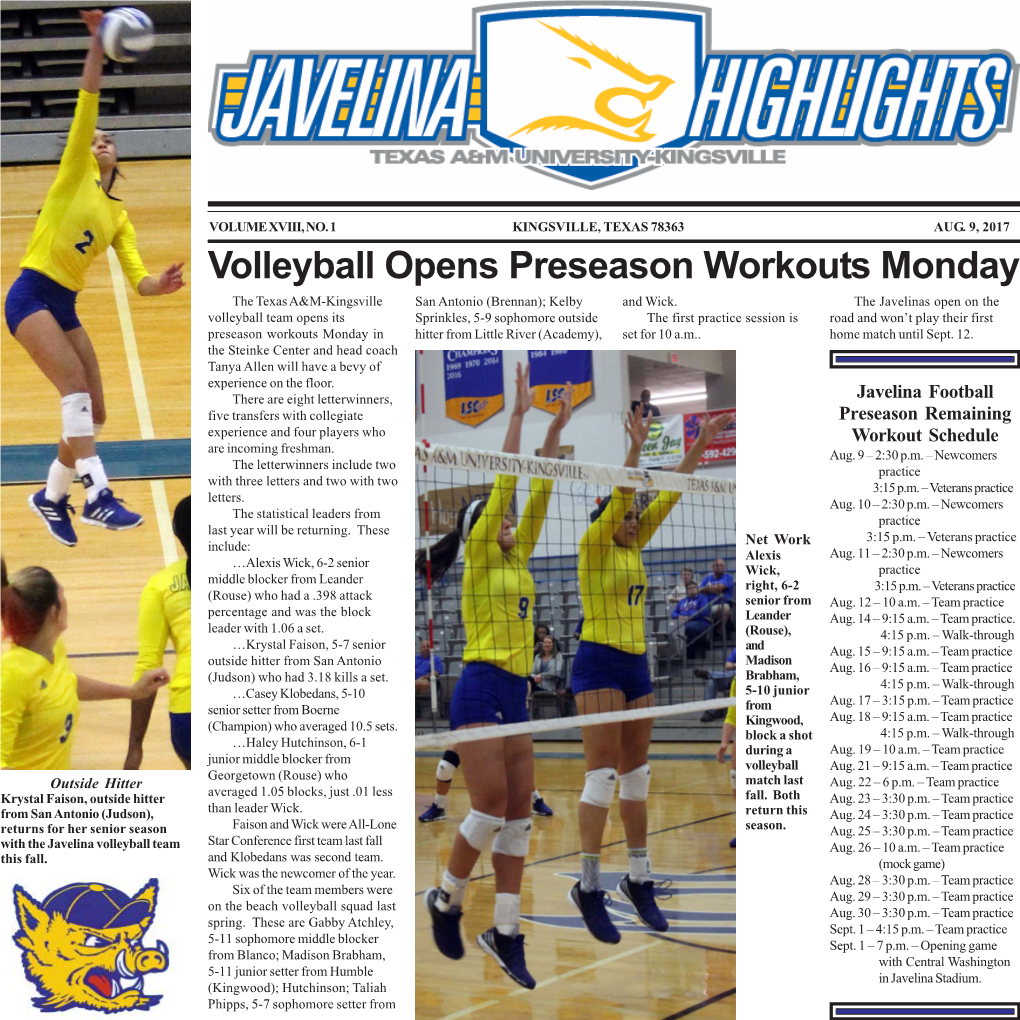 Volleyball Opens Preseason Workouts Monday the Texas A&M-Kingsville San Antonio (Brennan); Kelby and Wick
