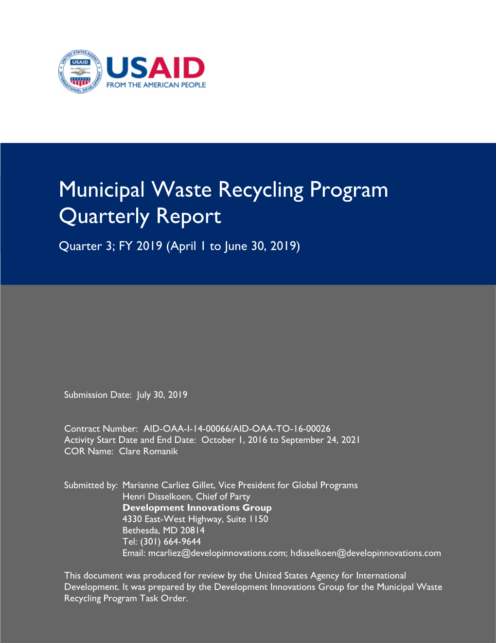 Municipal Waste Recycling Program Quarterly Report Quarter 3; FY 2019 (April 1 to June 30, 2019)