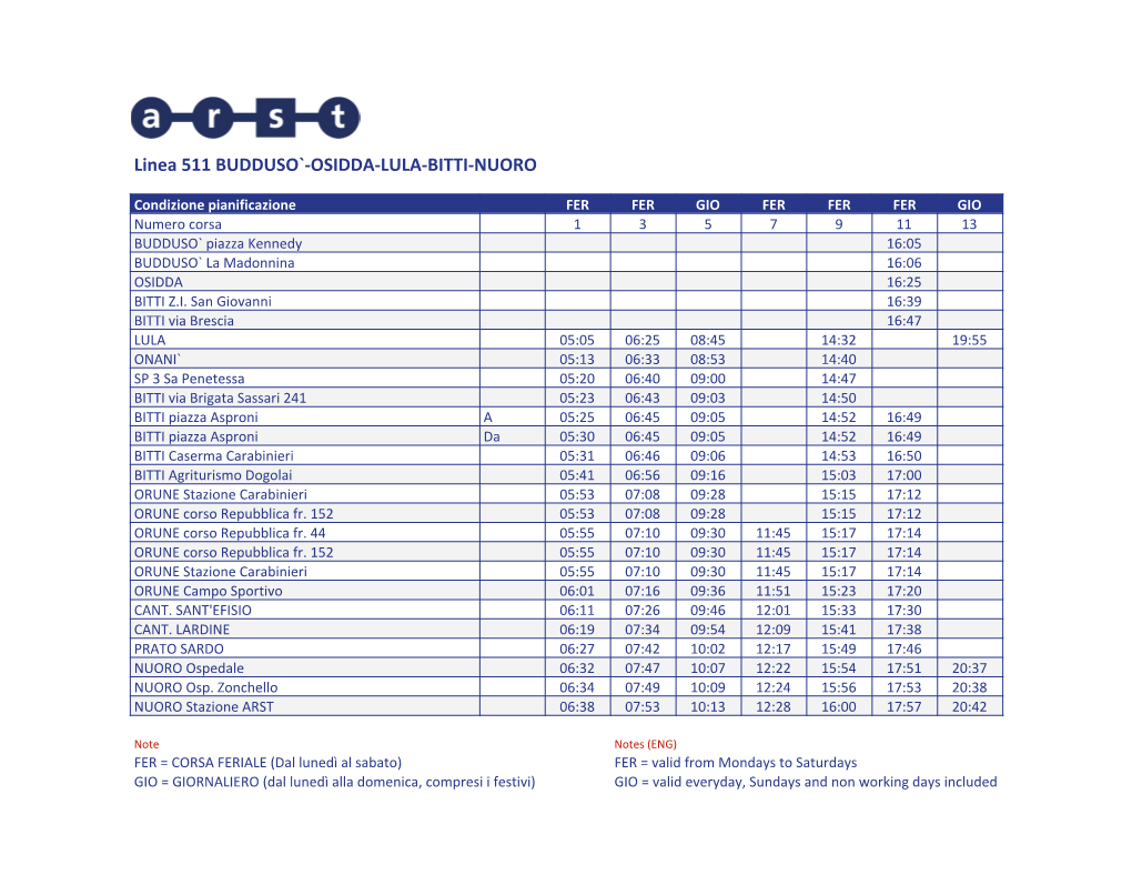 Linea 511 BUDDUSO`-OSIDDA-LULA-BITTI-NUORO