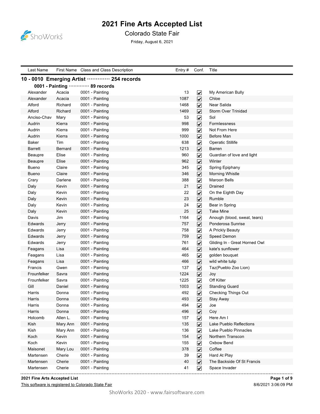 2021 Fine Arts Accepted List Colorado State Fair Friday, August 6, 2021