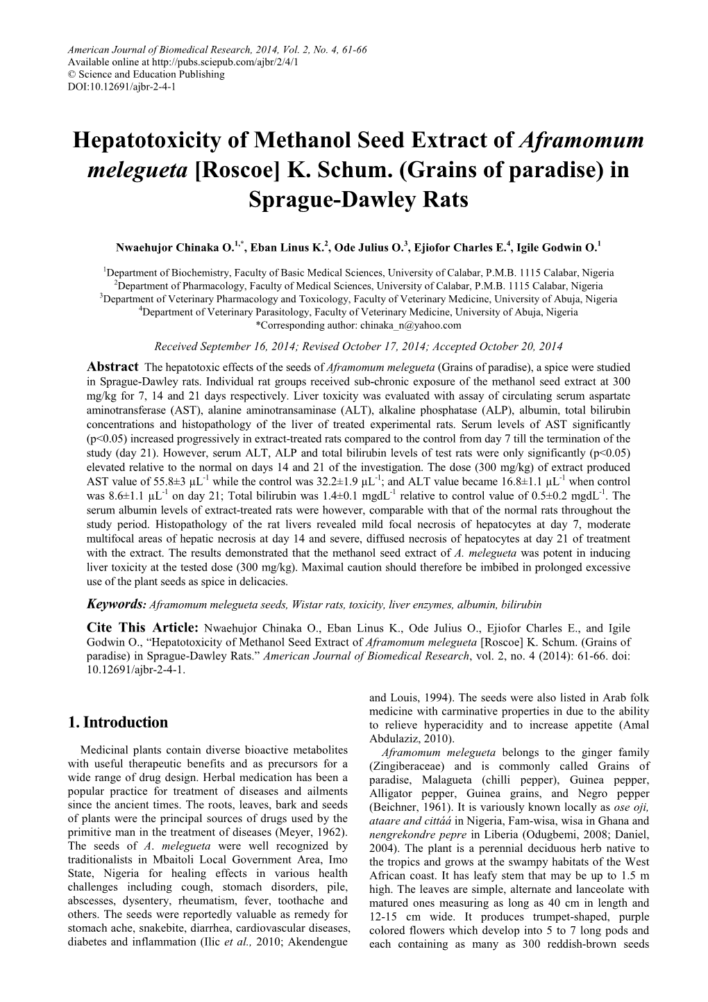 Hepatotoxicity of Methanol Seed Extract of Aframomum Melegueta [Roscoe] K