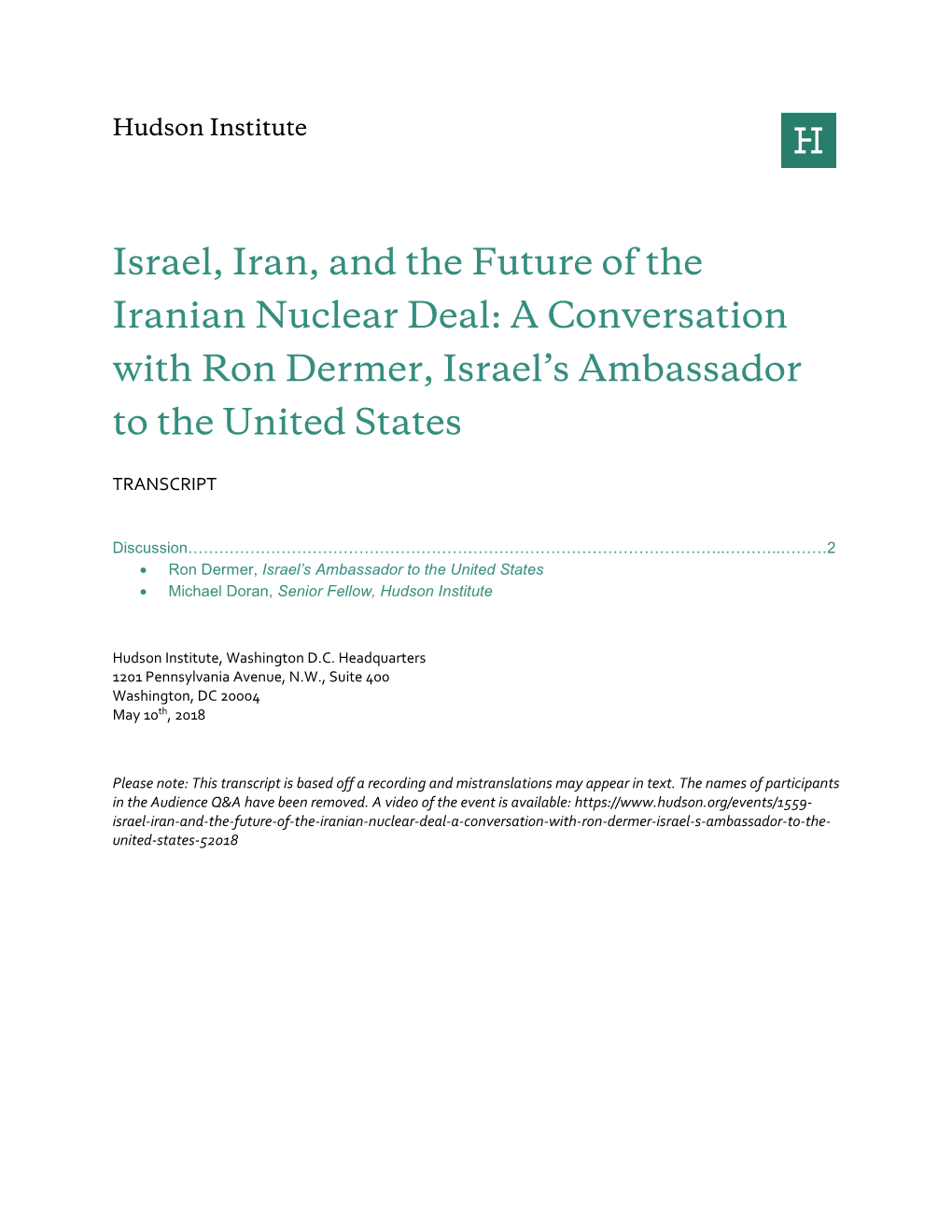 Israel, Iran, and the Future of the Iranian Nuclear Deal: a Conversation with Ron Dermer, Israel’S Ambassador to the United States