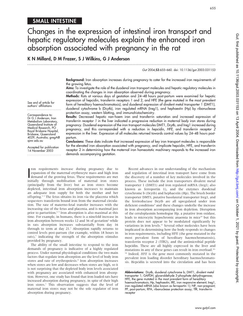 Changes in the Expression of Intestinal Iron Transport and Hepatic