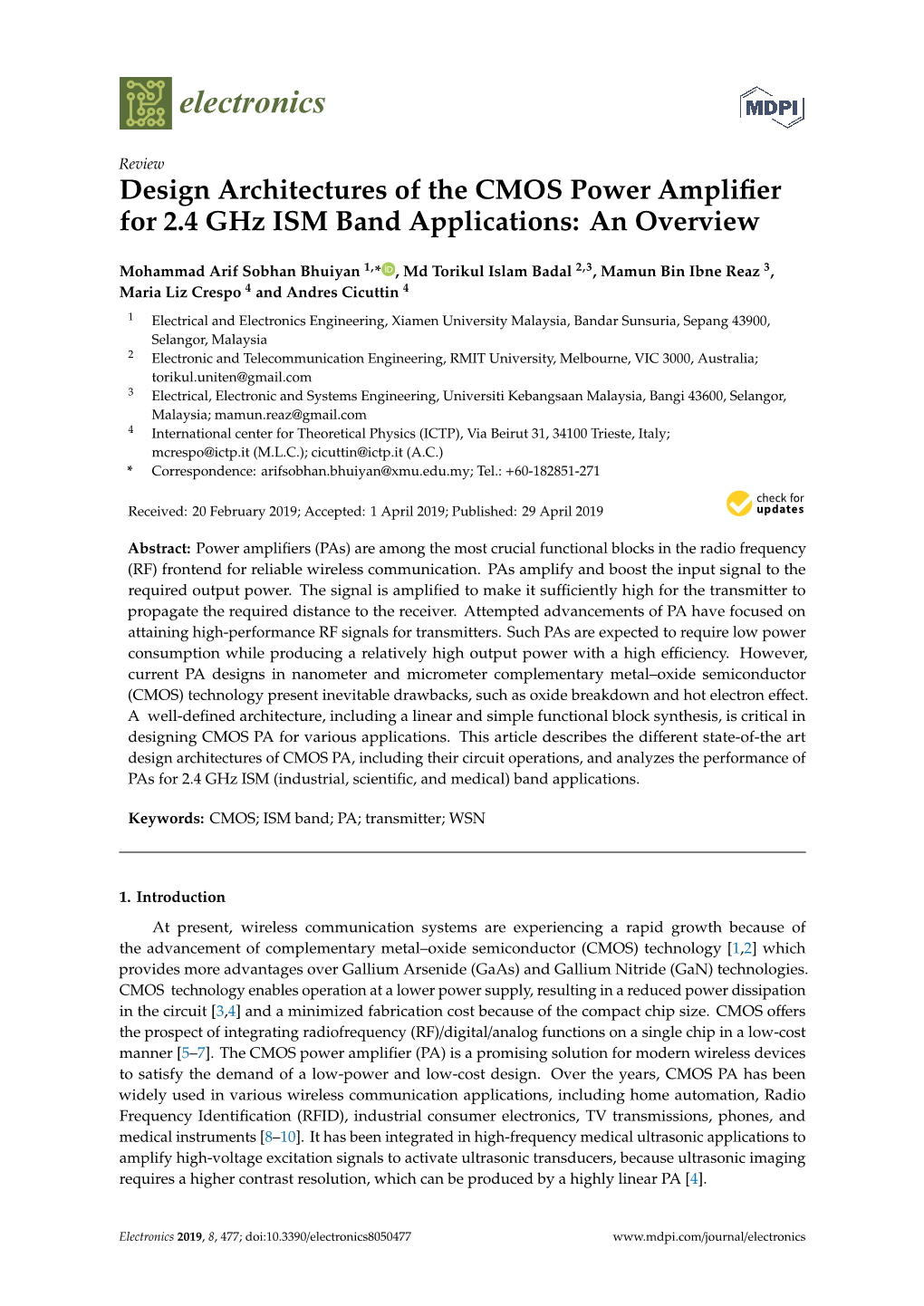 Design Architectures of the CMOS Power Amplifier for 2.4 Ghz