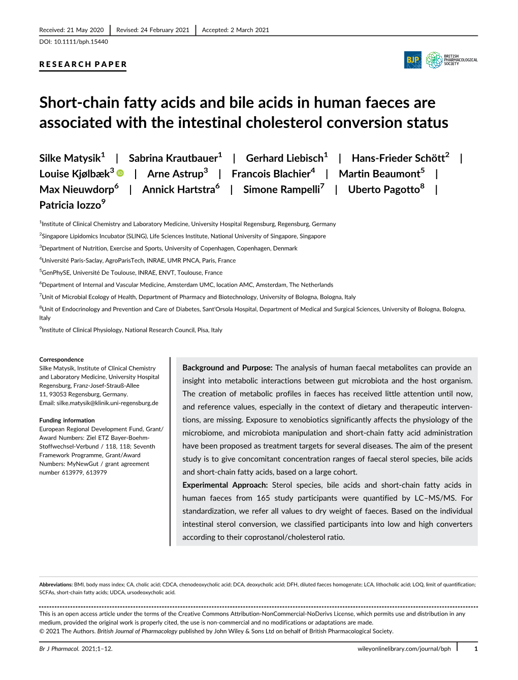 Short‐Chain Fatty Acids and Bile Acids in Human Faeces Are Associated