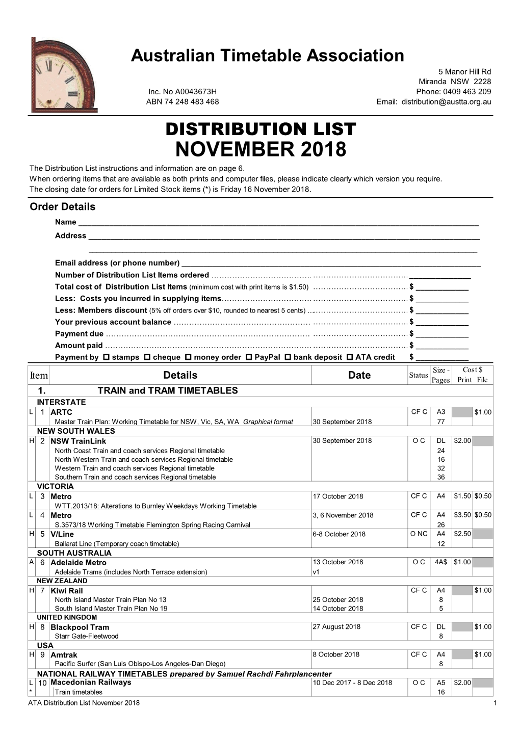 NOVEMBER 2018 the Distribution List Instructions and Information Are on Page 6