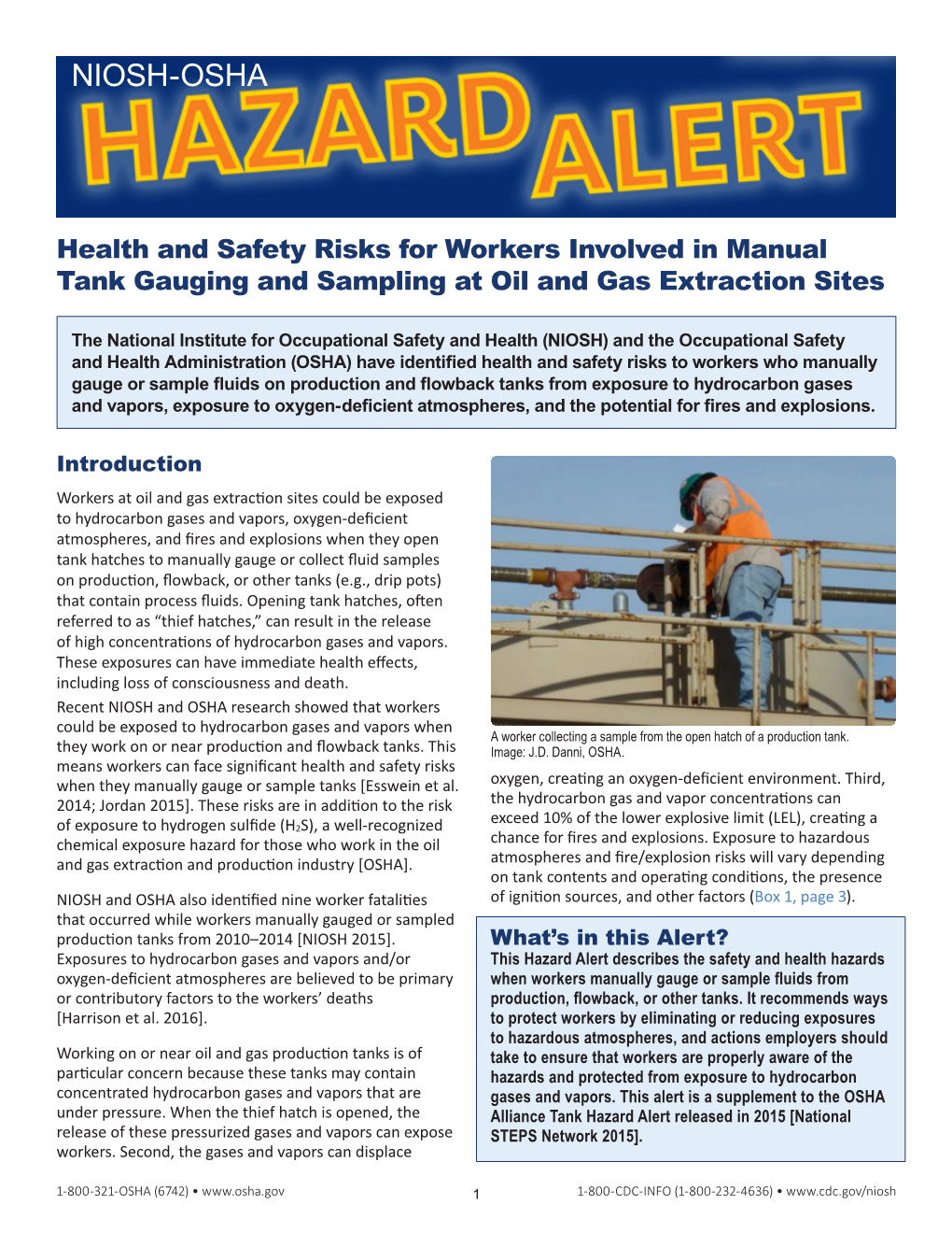 Health and Safety Risks for Workers Involved in Manual Tank Gauging and Sampling at Oil and Gas Extraction Sites