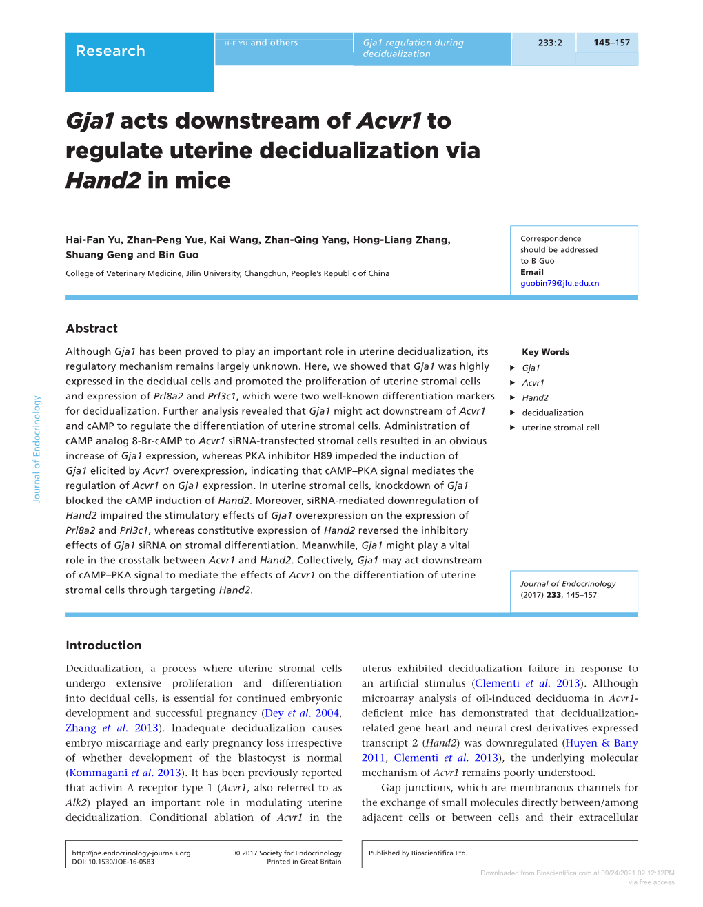 Gja1 Acts Downstream of Acvr1 to Regulate Uterine Decidualization Via Hand2 in Mice